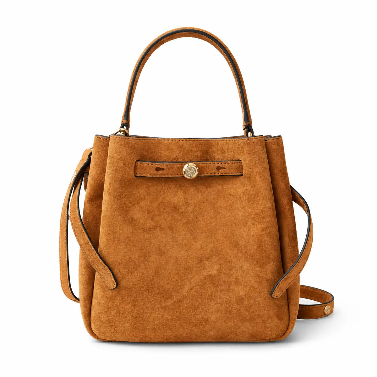 Tory Burch Romy | Caramel brown with adjustable shoulder strap and drawstring closure  women's designer suede bucket bag