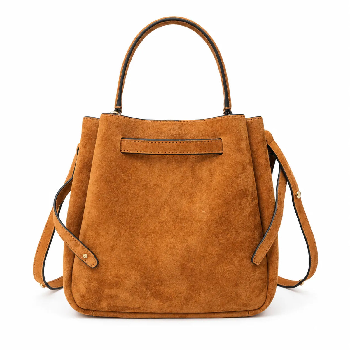 Tory Burch Romy | Caramel brown with adjustable shoulder strap and drawstring closure  women's designer suede bucket bag