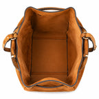 Tory Burch Romy | Caramel brown with adjustable shoulder strap and drawstring closure  women's designer suede bucket bag