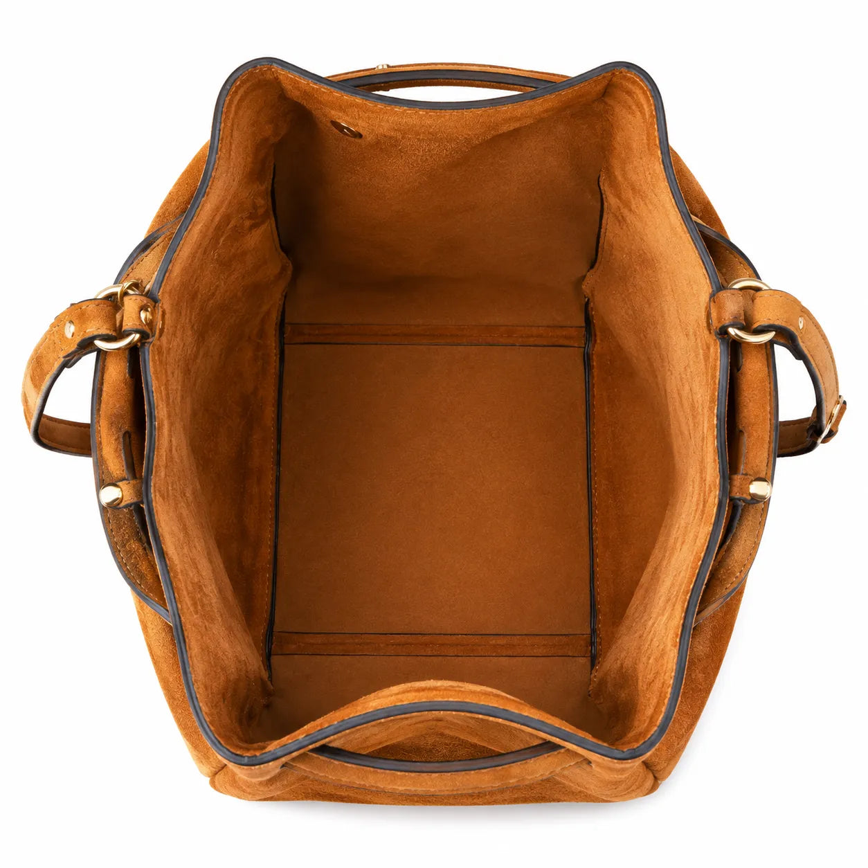 Tory Burch Romy | Caramel brown with adjustable shoulder strap and drawstring closure  women's designer suede bucket bag