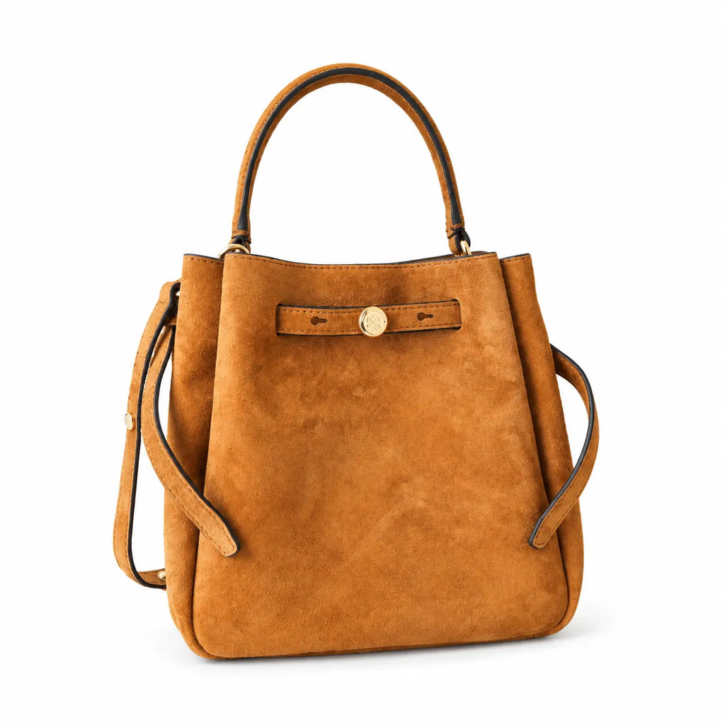 Tory Burch Romy | Caramel brown with adjustable shoulder strap and drawstring closure  women's designer suede bucket bag