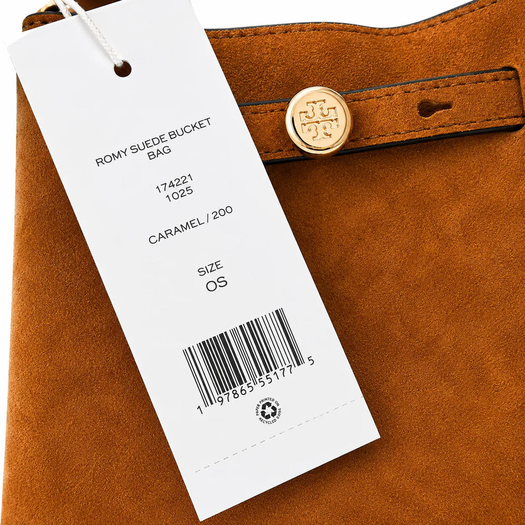 Tory Burch Romy | Caramel brown with adjustable shoulder strap and drawstring closure  women's designer suede bucket bag