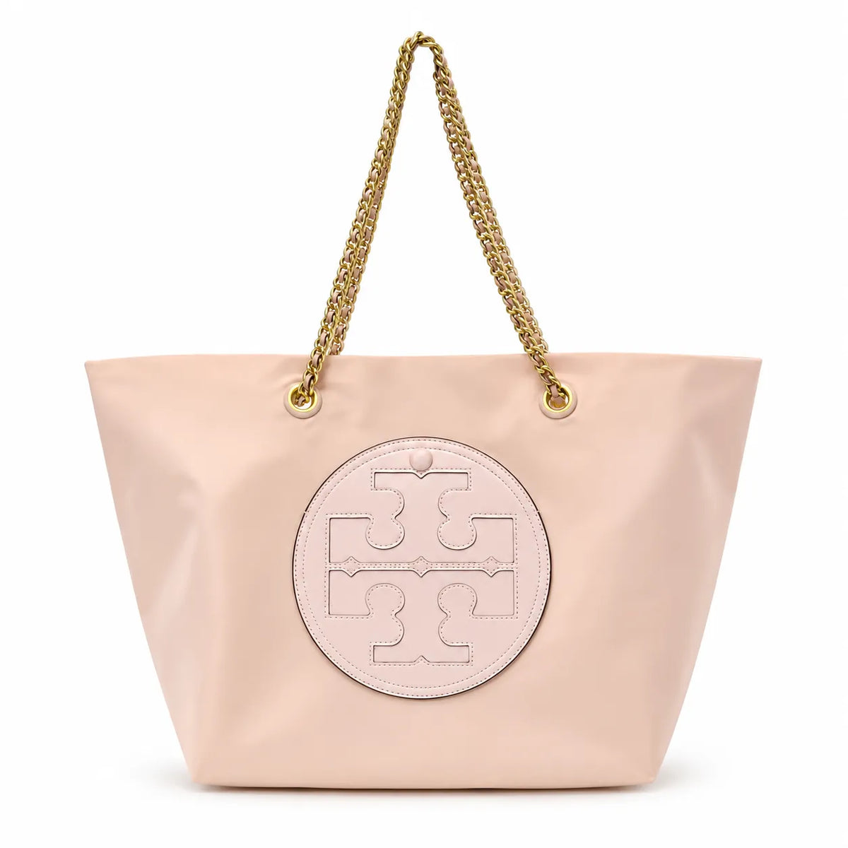 Tory Burch Ella | Light gray recycled nylon silver chain shoulder strap double T leather patch magnetic closure women's designer chain handbag