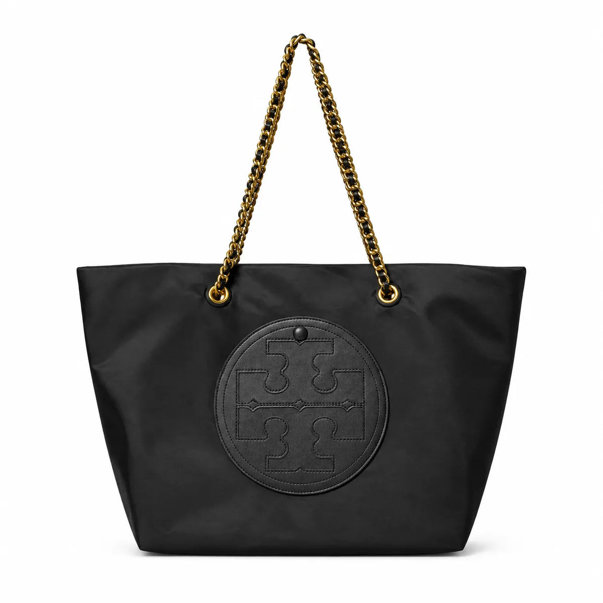 Tory Burch Ella | Olive green recycled nylon gold chain shoulder strap double T leather patch  magnetic closure  women's designer chain handbag