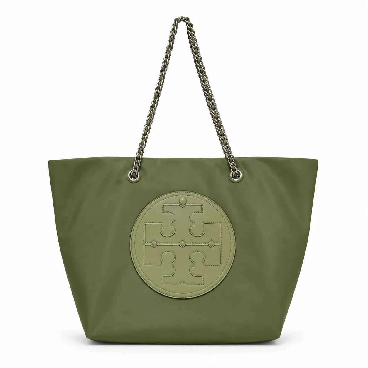 Tory Burch Ella | Olive green recycled nylon gold chain shoulder strap double T leather patch  magnetic closure  women's designer chain handbag