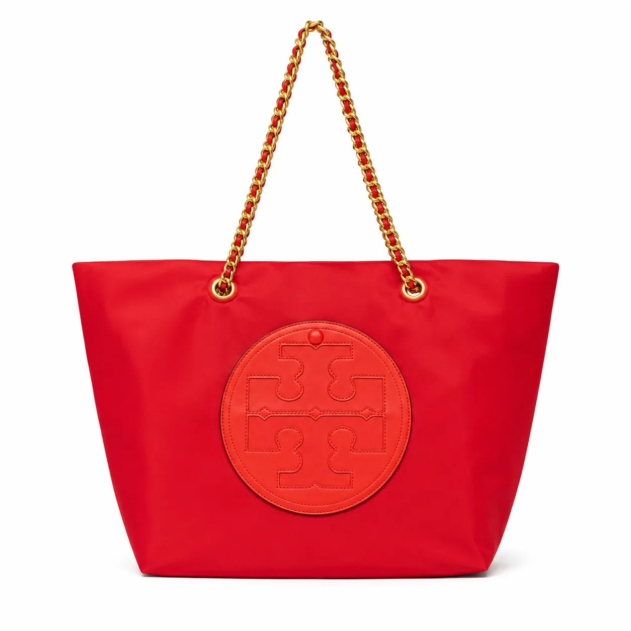 Tory Burch Ella | Light gray recycled nylon silver chain shoulder strap double T leather patch magnetic closure women's designer chain handbag