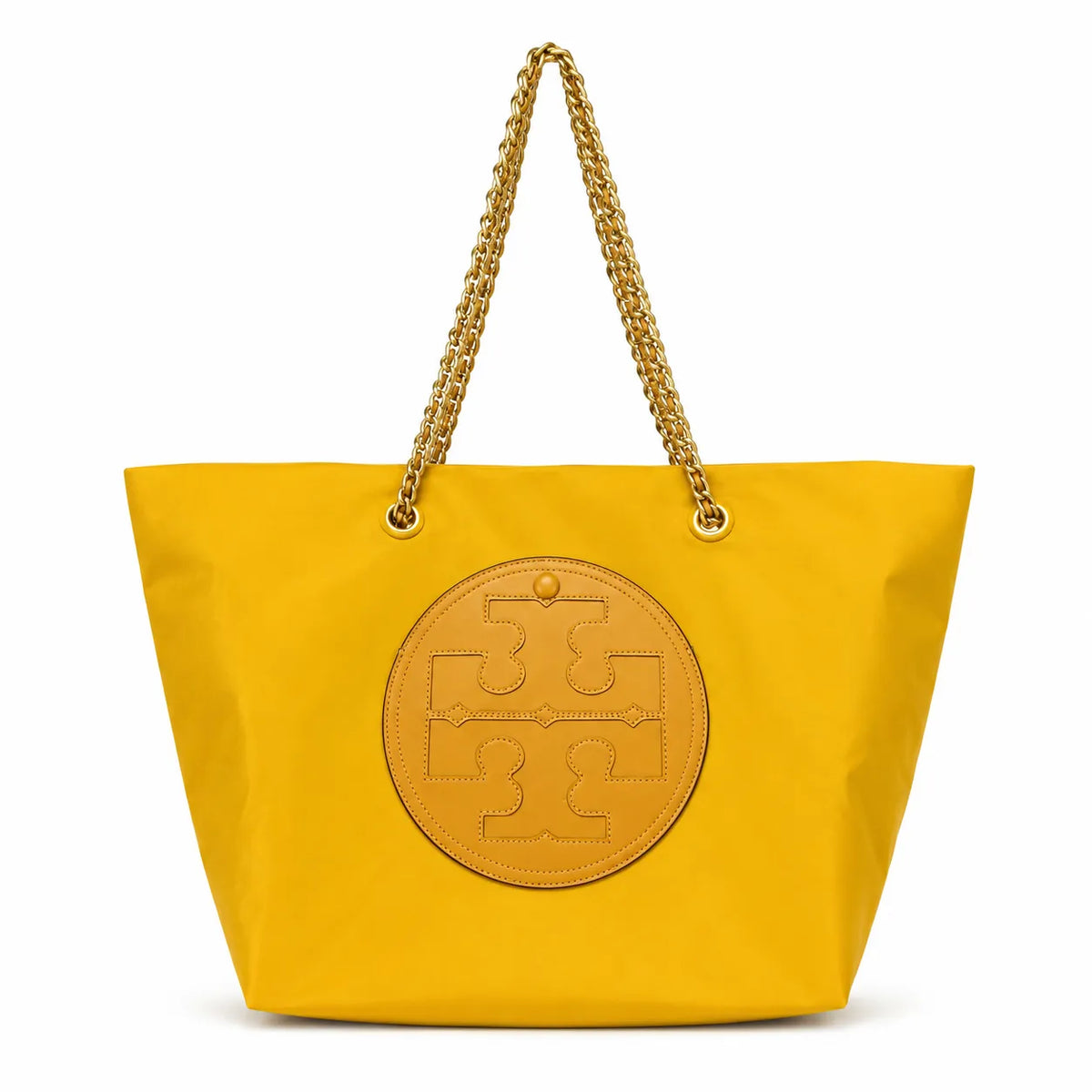Tory Burch Ella | Olive green recycled nylon gold chain shoulder strap double T leather patch  magnetic closure  women's designer chain handbag