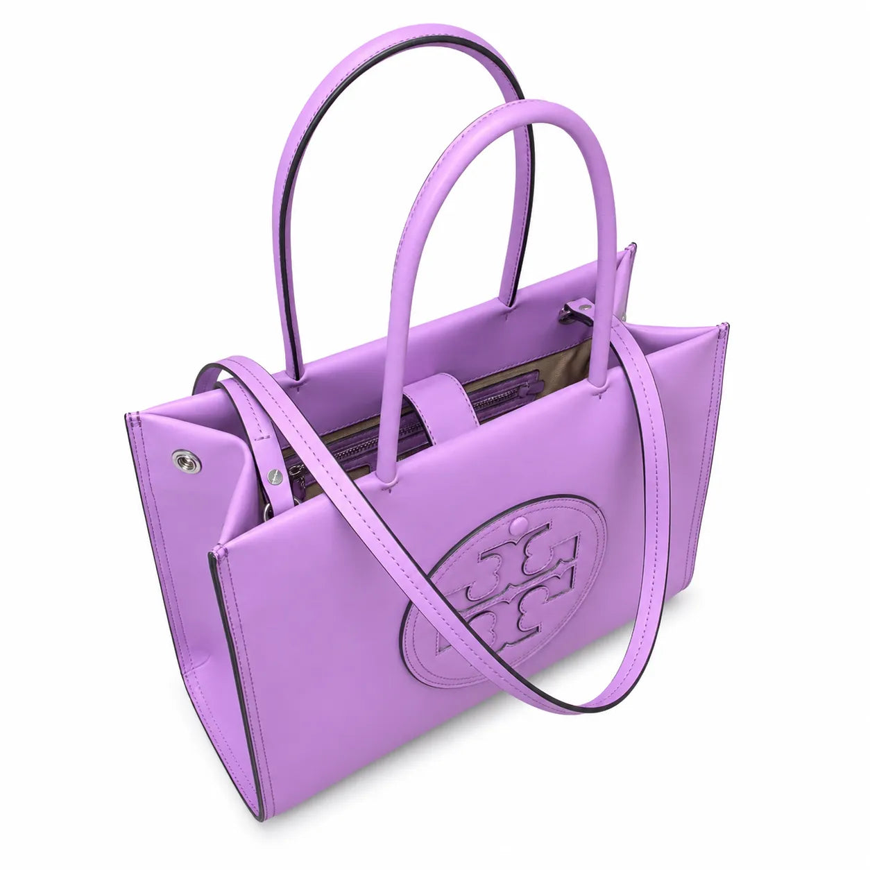 Tory Burch Ella Bio | Light purple, round T-logo embossed  double handles and detachable shoulder strap  women's designer shoulder bag