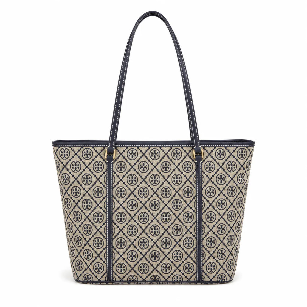 Tory Burch T Monogram | Navy blue and beige jacquard fabric  leather trim  detachable pouch  women's designer shoulder/handbag