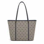 Tory Burch T Monogram | Navy blue and beige jacquard fabric  leather trim  detachable pouch  women's designer shoulder/handbag