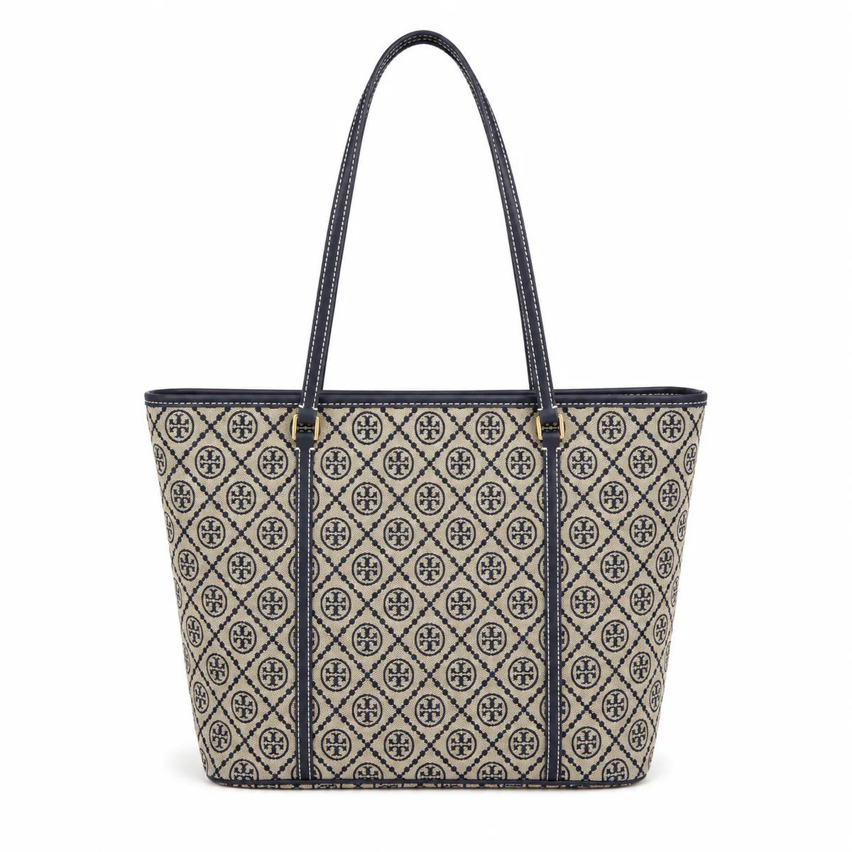Tory Burch T Monogram | Navy blue and beige jacquard fabric  leather trim  detachable pouch  women's designer shoulder/handbag