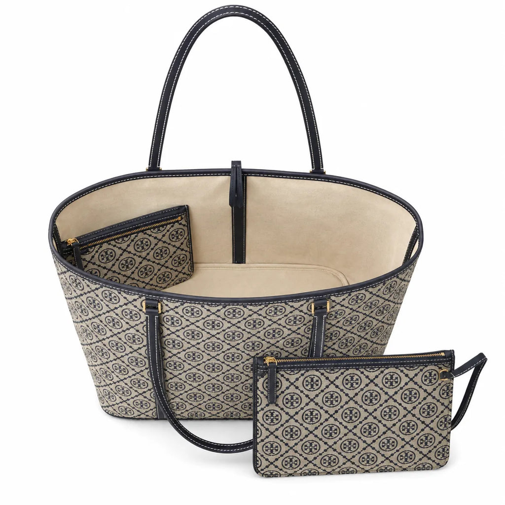 Tory Burch T Monogram | Navy blue and beige jacquard fabric  leather trim  detachable pouch  women's designer shoulder/handbag