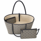 Tory Burch T Monogram | Navy blue and beige jacquard fabric  leather trim  detachable pouch  women's designer shoulder/handbag