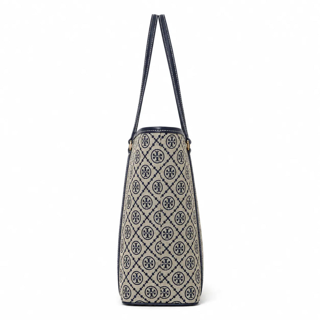 Tory Burch T Monogram | Navy blue and beige jacquard fabric  leather trim  detachable pouch  women's designer shoulder/handbag