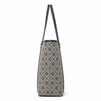 Tory Burch T Monogram | Navy blue and beige jacquard fabric  leather trim  detachable pouch  women's designer shoulder/handbag