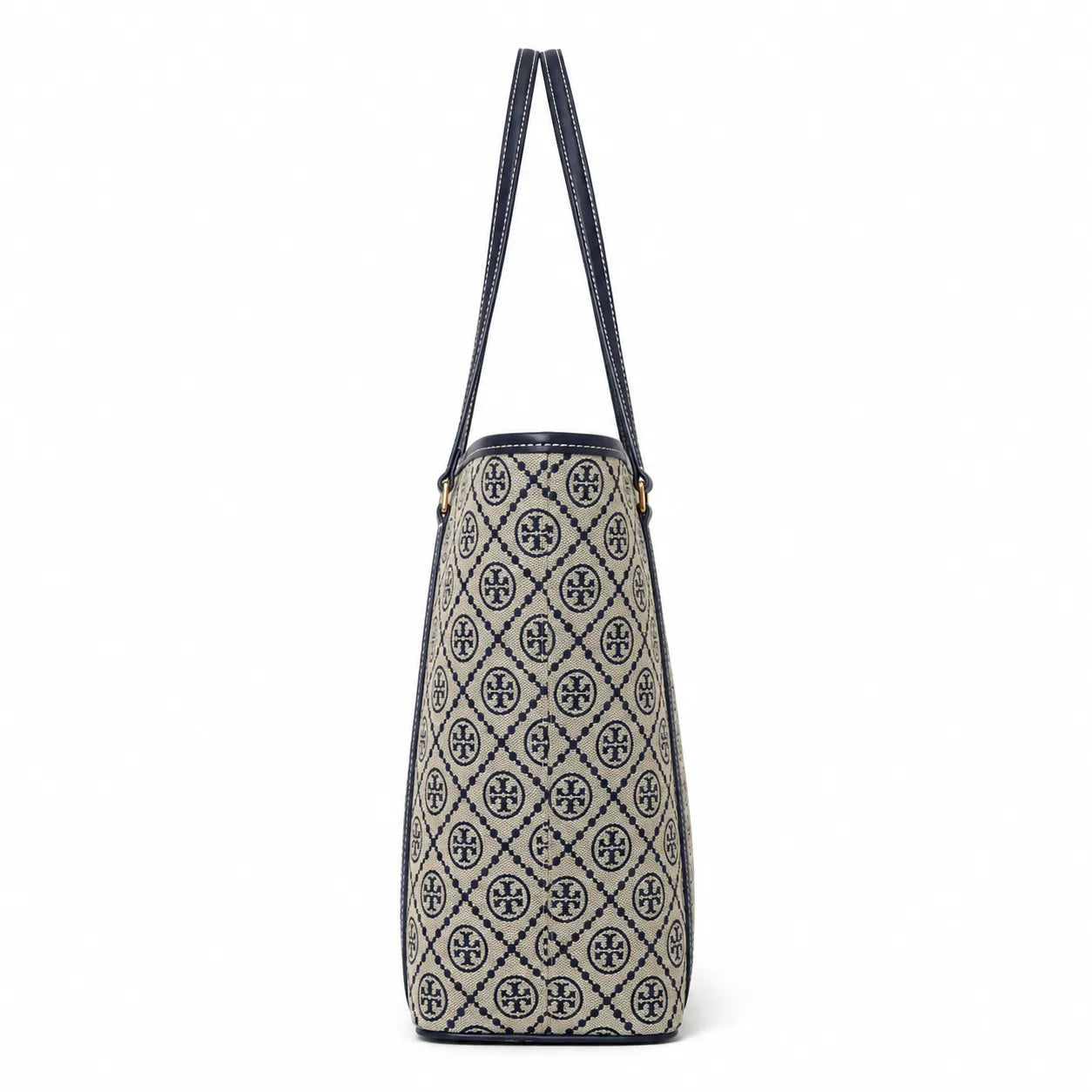 Tory Burch T Monogram | Navy blue and beige jacquard fabric  leather trim  detachable pouch  women's designer shoulder/handbag