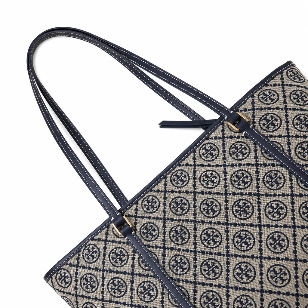 Tory Burch T Monogram | Navy blue and beige jacquard fabric  leather trim  detachable pouch  women's designer shoulder/handbag