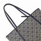 Tory Burch T Monogram | Navy blue and beige jacquard fabric  leather trim  detachable pouch  women's designer shoulder/handbag