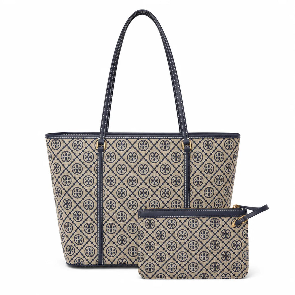 Tory Burch T Monogram | Navy blue and beige jacquard fabric  leather trim  detachable pouch  women's designer shoulder/handbag