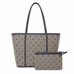 Tory Burch T Monogram | Navy blue and beige jacquard fabric  leather trim  detachable pouch  women's designer shoulder/handbag