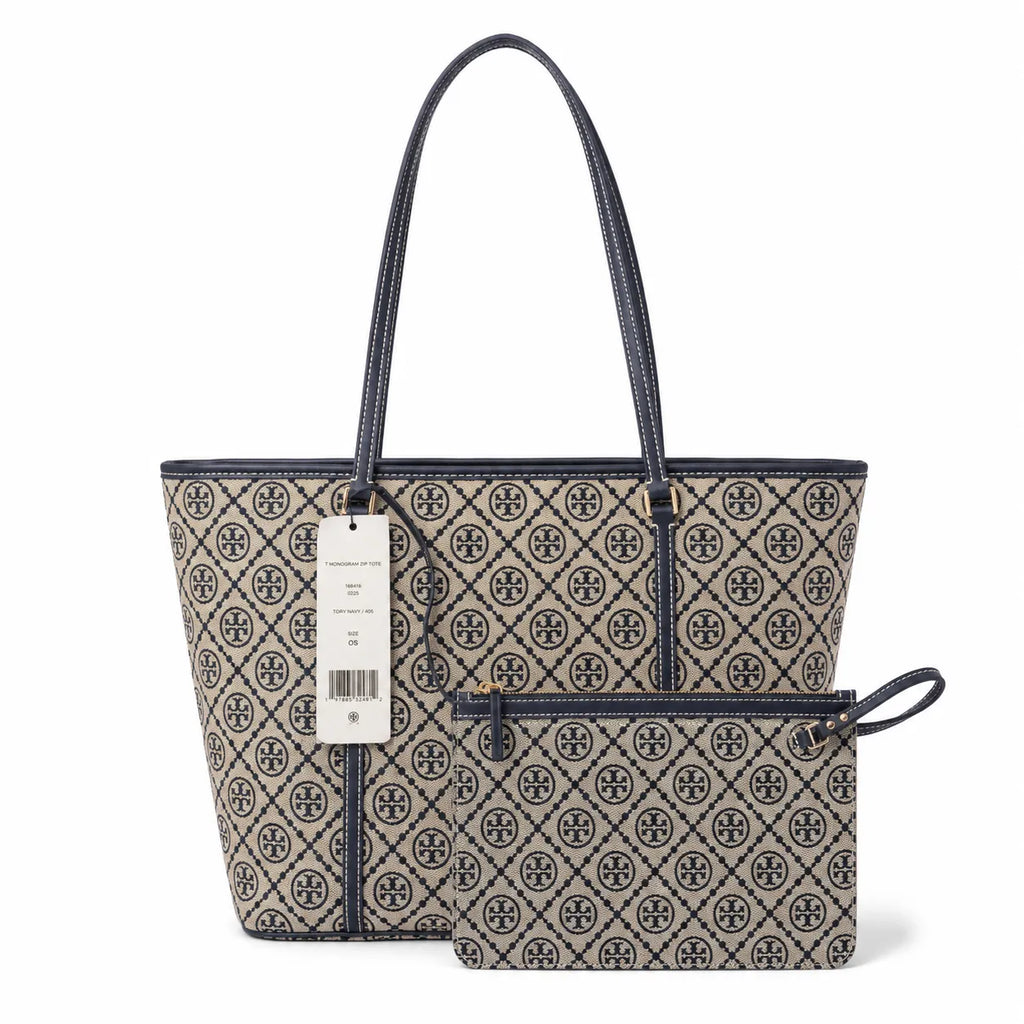 Tory Burch T Monogram | Navy blue and beige jacquard fabric  leather trim  detachable pouch  women's designer shoulder/handbag
