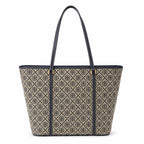 Tory Burch T Monogram | Navy blue and beige jacquard fabric  leather trim  detachable pouch  women's designer shoulder/handbag