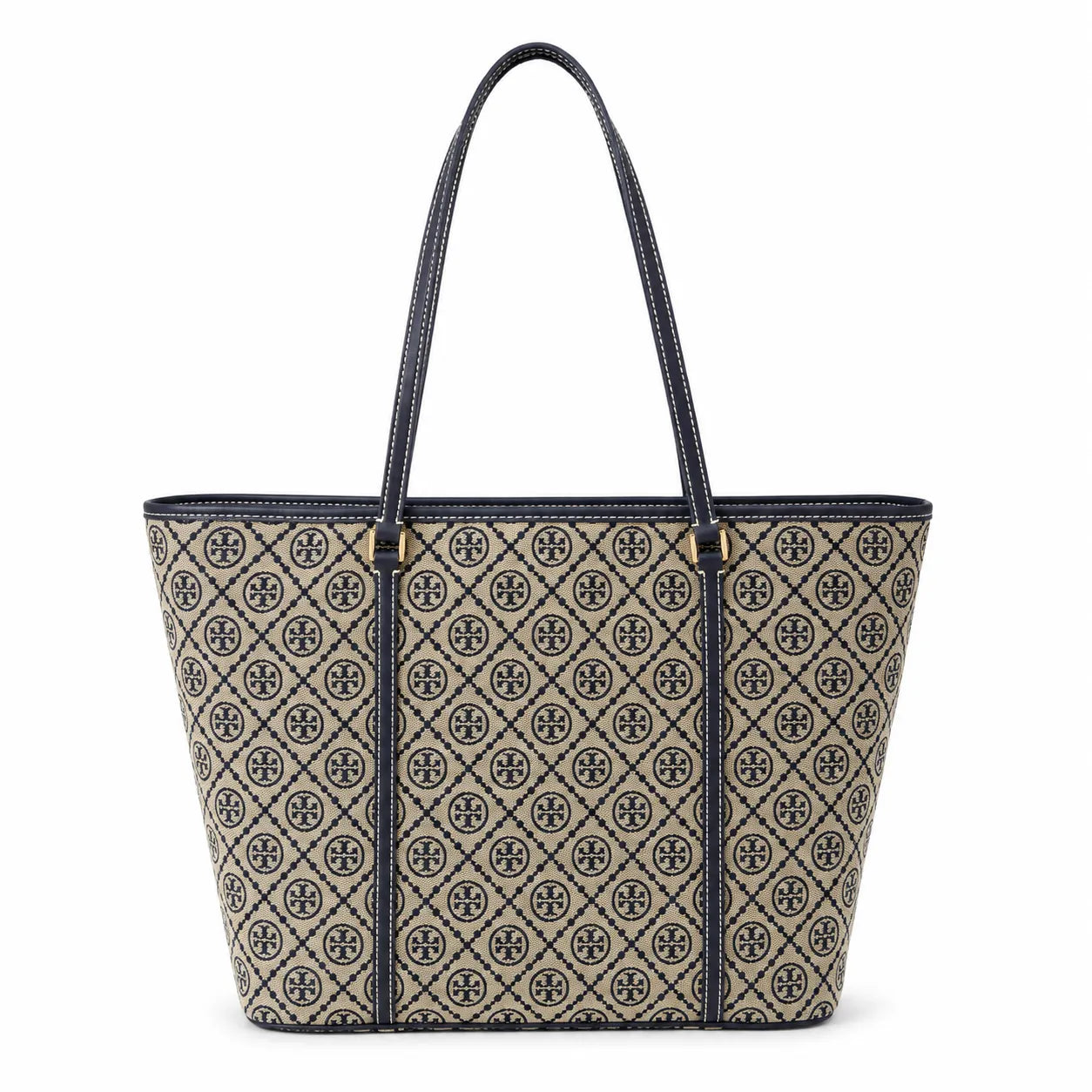 Tory Burch T Monogram | Navy blue and beige jacquard fabric  leather trim  detachable pouch  women's designer shoulder/handbag