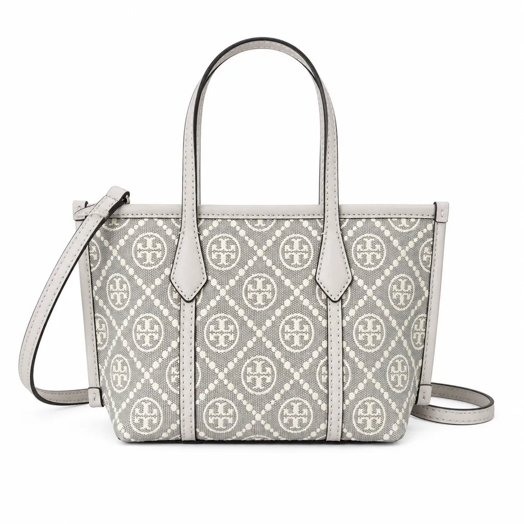 Tory Burch Perry | Grey T-patterned fabric with light grey leather trim detachable shoulder strap zip closure women's designer shoulder bag