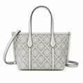 Tory Burch Perry | Grey T-patterned fabric with light grey leather trim detachable shoulder strap zip closure women's designer shoulder bag