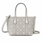 Tory Burch Perry | Grey T-patterned fabric with light grey leather trim detachable shoulder strap zip closure women's designer shoulder bag