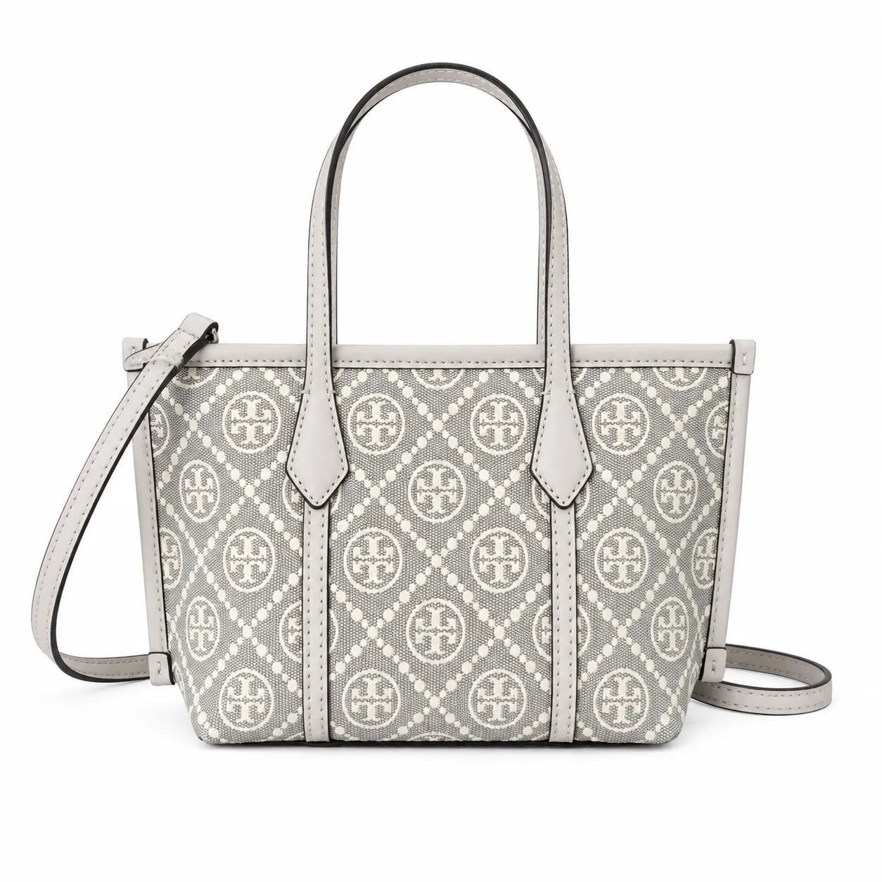 Tory Burch Perry | Grey T-patterned fabric with light grey leather trim detachable shoulder strap zip closure women's designer shoulder bag