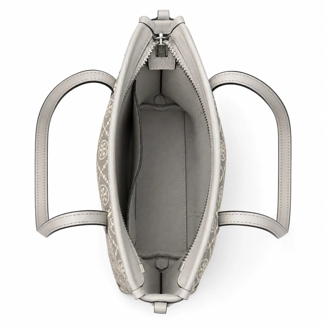 Tory Burch Perry | Grey T-patterned fabric with light grey leather trim detachable shoulder strap zip closure women's designer shoulder bag