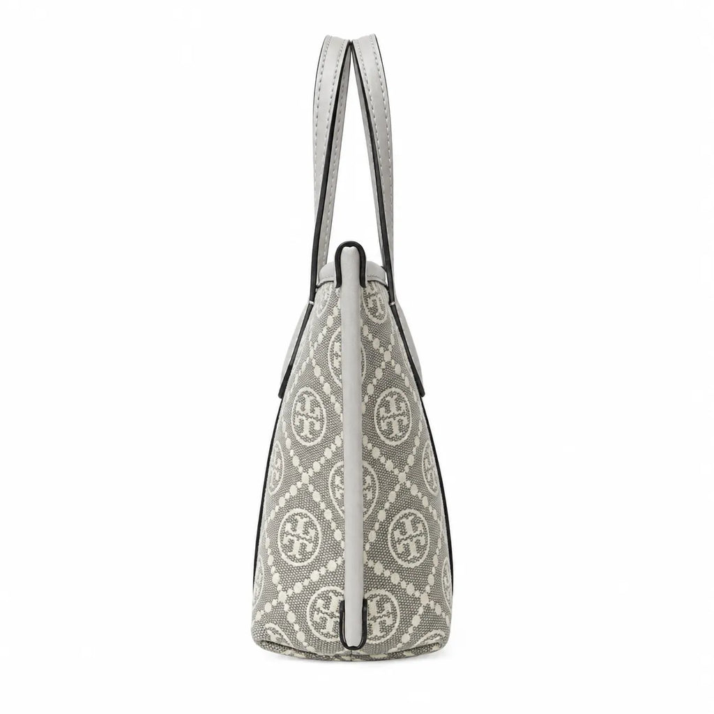 Tory Burch Perry | Grey T-patterned fabric with light grey leather trim detachable shoulder strap zip closure women's designer shoulder bag