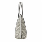 Tory Burch Perry | Grey T-patterned fabric with light grey leather trim detachable shoulder strap zip closure women's designer shoulder bag