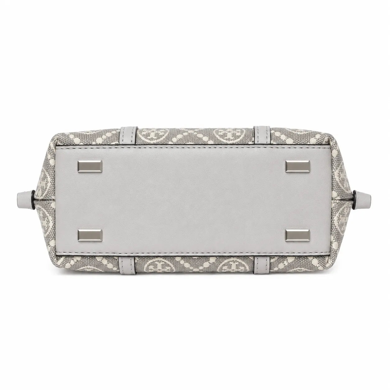Tory Burch Perry | Grey T-patterned fabric with light grey leather trim detachable shoulder strap zip closure women's designer shoulder bag