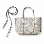 Tory Burch Perry | Grey T-patterned fabric with light grey leather trim detachable shoulder strap zip closure women's designer shoulder bag