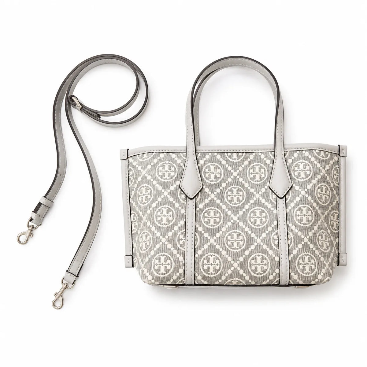 Tory Burch Perry | Grey T-patterned fabric with light grey leather trim detachable shoulder strap zip closure women's designer shoulder bag