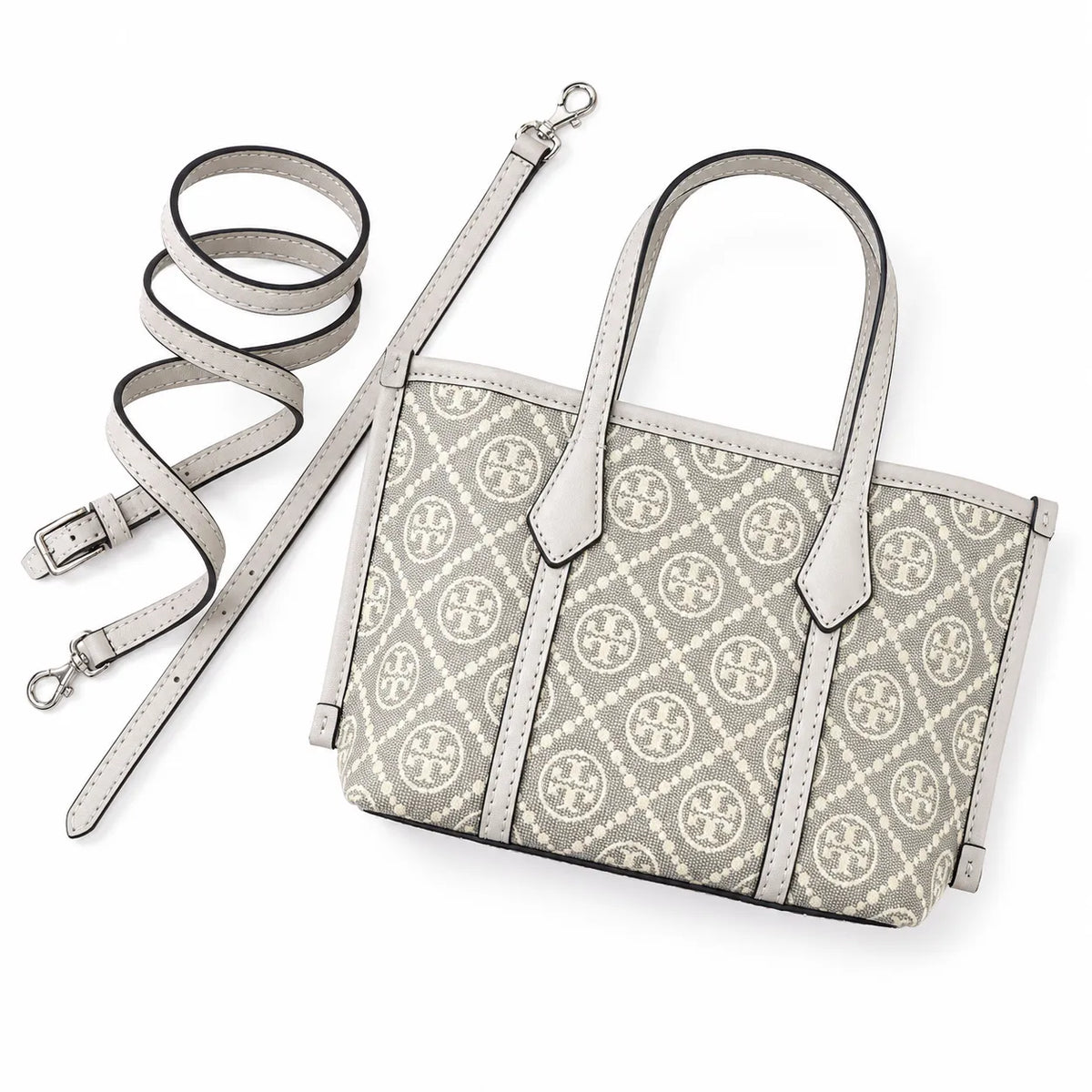 Tory Burch Perry | Grey T-patterned fabric with light grey leather trim detachable shoulder strap zip closure women's designer shoulder bag