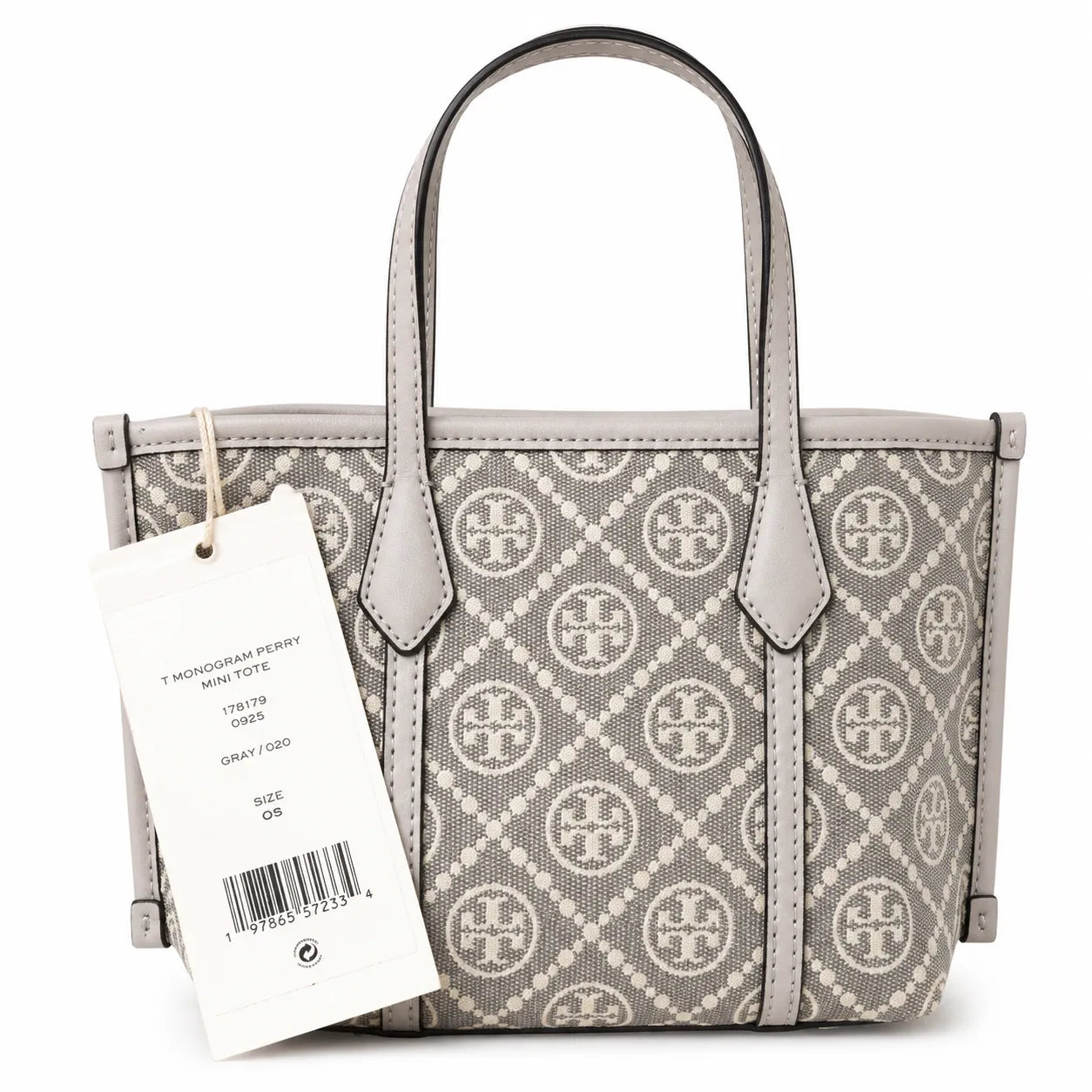Tory Burch Perry | Grey T-patterned fabric with light grey leather trim detachable shoulder strap zip closure women's designer shoulder bag