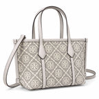 Tory Burch Perry | Grey T-patterned fabric with light grey leather trim detachable shoulder strap zip closure women's designer shoulder bag