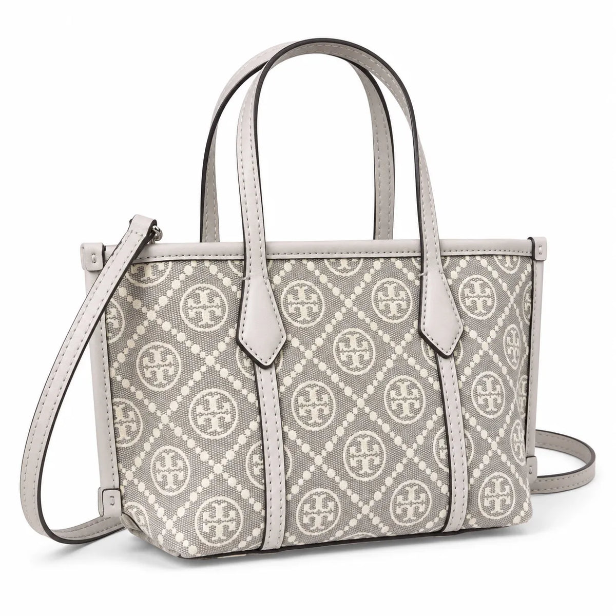 Tory Burch Perry | Grey T-patterned fabric with light grey leather trim detachable shoulder strap zip closure women's designer shoulder bag