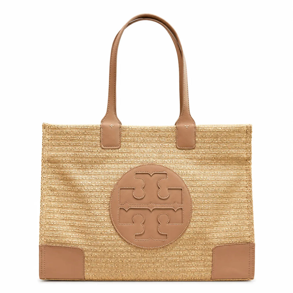 Tory Burch Ella | Natural beige straw and tan leather trim round T-logo embossed double handles women's designer raffia handbag |