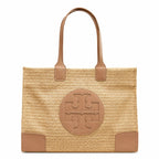 Tory Burch Ella | Natural beige straw and tan leather trim round T-logo embossed double handles women's designer raffia handbag |