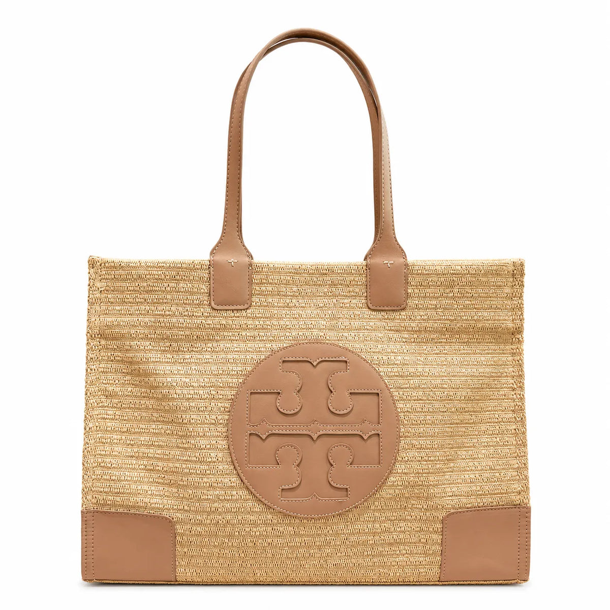 Tory Burch Ella | Natural beige straw and tan leather trim round T-logo embossed double handles women's designer raffia handbag |