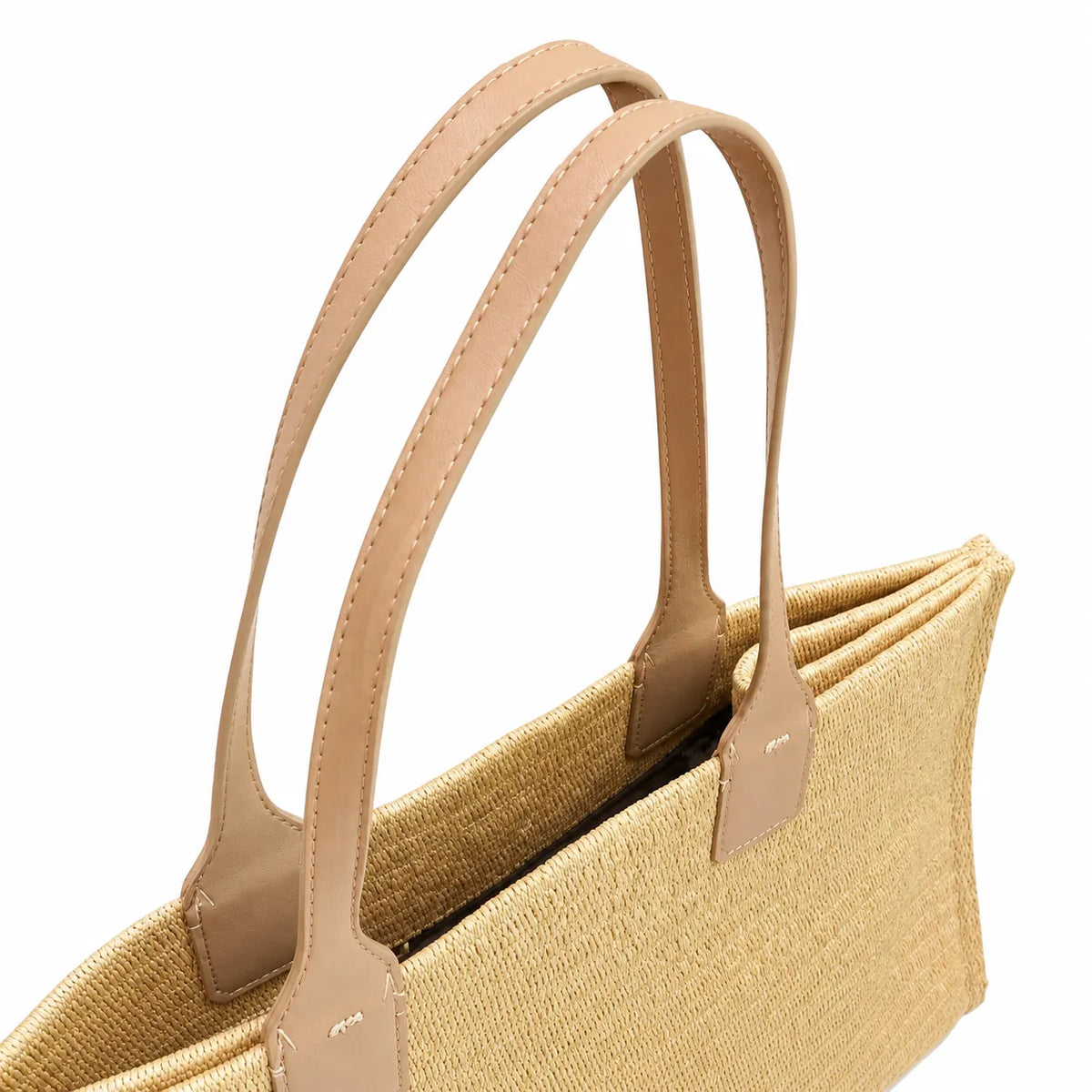 Tory Burch Ella | Natural beige straw and tan leather trim round T-logo embossed double handles women's designer raffia handbag |