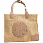 Tory Burch Ella | Natural beige straw and tan leather trim round T-logo embossed double handles women's designer raffia handbag |