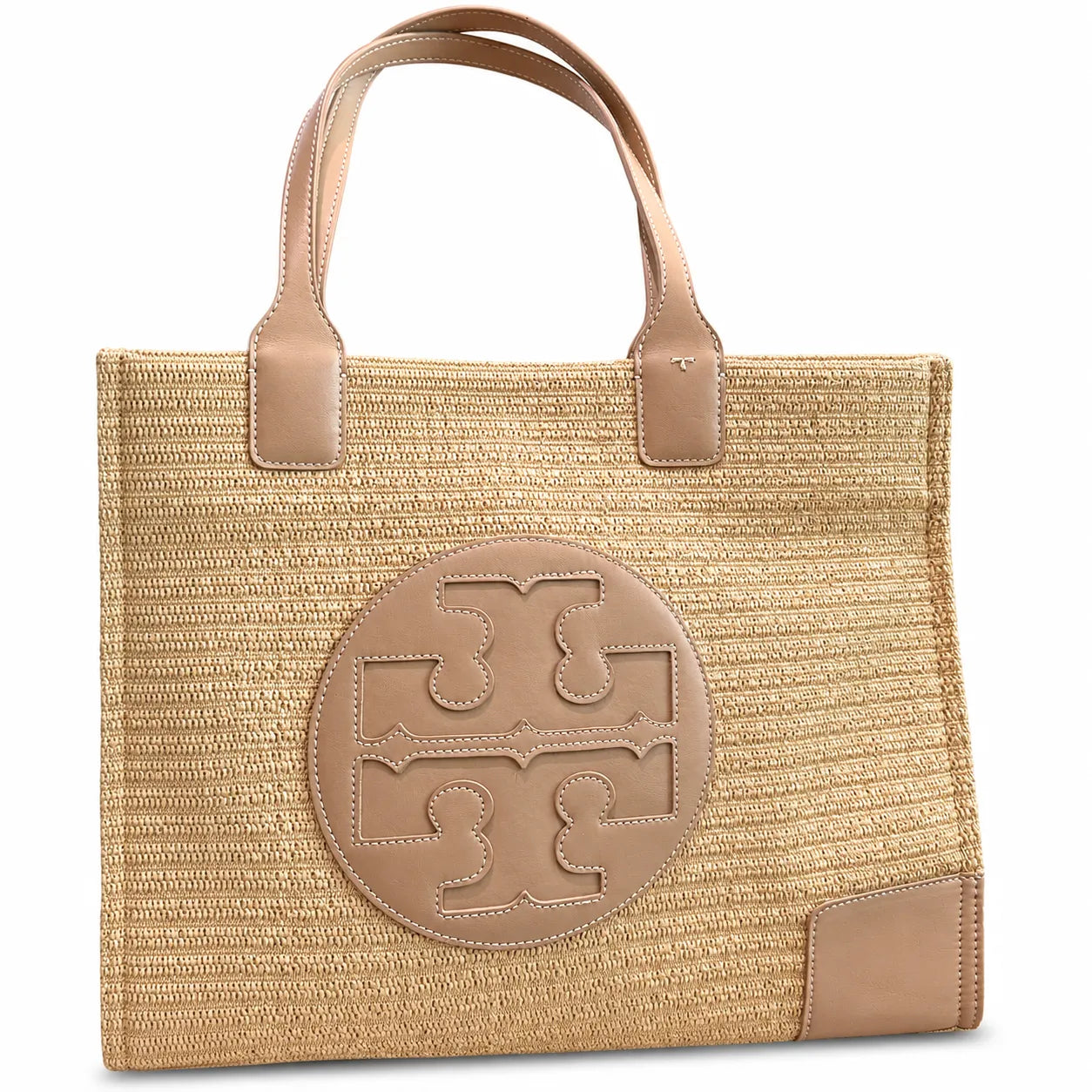 Tory Burch Ella | Natural beige straw and tan leather trim round T-logo embossed double handles women's designer raffia handbag |