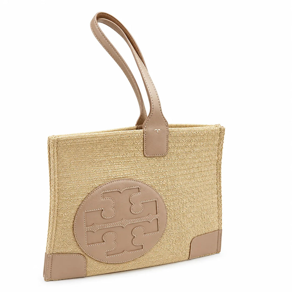 Tory Burch Ella | Natural beige straw and tan leather trim round T-logo embossed double handles women's designer raffia handbag |