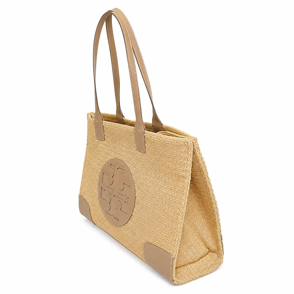 Tory Burch Ella | Natural beige straw and tan leather trim round T-logo embossed double handles women's designer raffia handbag |