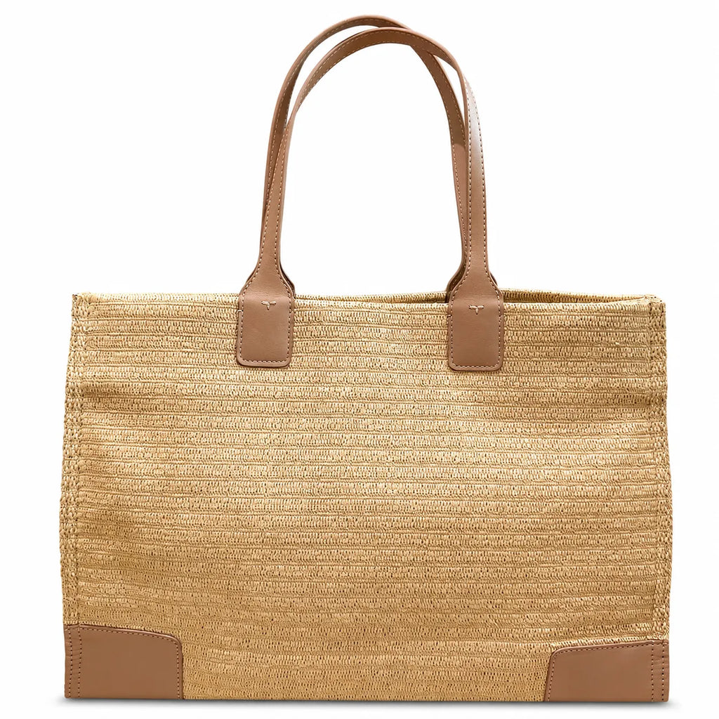 Tory Burch Ella | Natural beige straw and tan leather trim round T-logo embossed double handles women's designer raffia handbag |